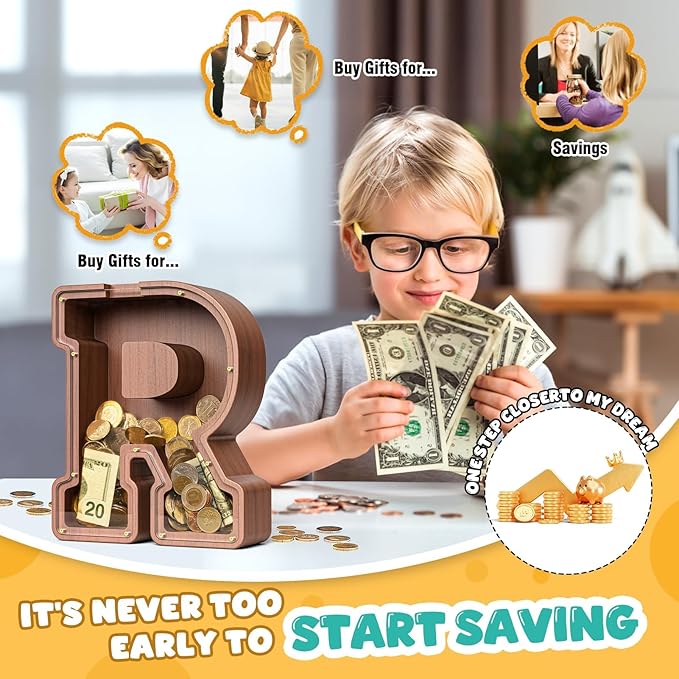 Summidate Wooden Letter Piggy Bank, Extra Thick Large Capacity Piggy Bank for Kids Boys Girls Toddler, Alphabet R Money Bank| Coin Box Birthday, Christmas, Festival