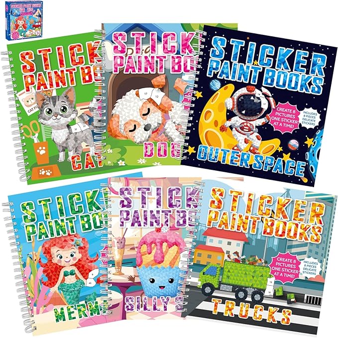 gisgfim 6 Pcs Paint by Sticker Books Sticker by Number Books Activity Book Sticker Puzzle Book Craft Art Gift with Mermaid Truck Outer Space Cat 48 Pictures Sticker by Number Book Set Party Favors