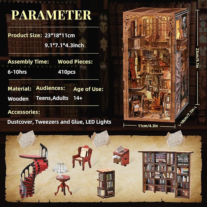 Book Nook Library Kit, DIY Miniature Dollhouse Booknook Kit, 3D Wooden Puzzle Bookend Bookshelf with LED Light for Adults Teens (Abbey Library)