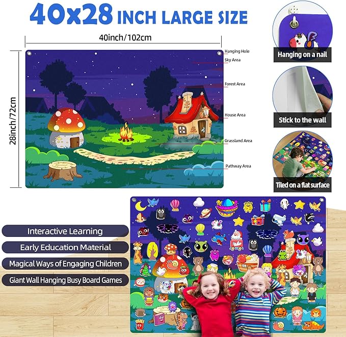 200Pcs Felt Story Board Set with Storage Bag Preschool Teaching Wall Flannel Busy Board Bonfire Party Themed Early Learning Interactive Play Toys Wall Hanging Gift for Toddlers Kids 40 X 28 Inch