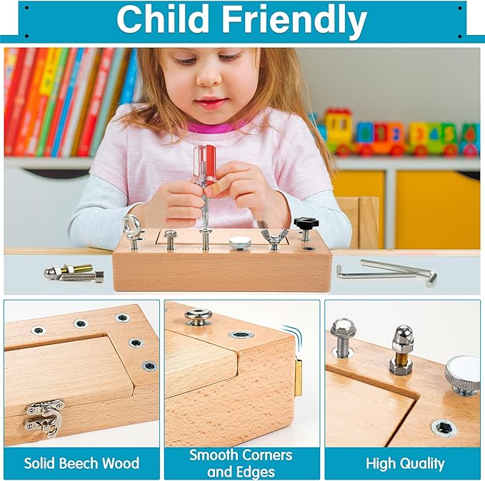 Montessori Screwdriver Board Set, Wooden Storage Box & Strap Toddler Real Tools, Montessori STEM Fine Motor Skills Toys for 3 4 5 Year Old Kids, Educational Sensory Preschool Learning Toys