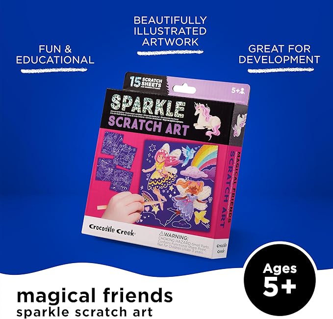 Crocodile Creek Magical Friends Sparkle Scratch Art for Kids - 16-Sheet Scratch Art Set with 10 Themed Sheets, 5 Blank Sheets, Stencil, and Stylus - Thoughtful Stocking Stuffers, Art Supplies for Kids