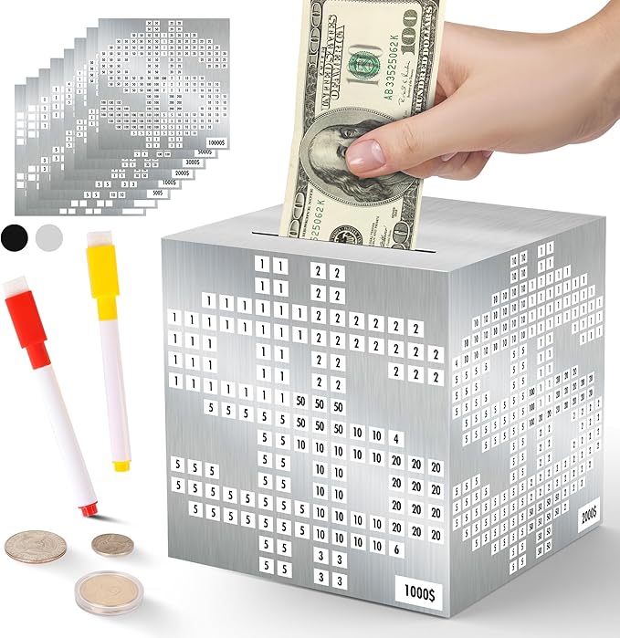 Primo Lines Piggy Bank for Adults, Stainless Steel Money Box, Unbreakable Piggy Bank Metal Cash Box, 10k Savings Challenge Box, 4.72 inch Money Saving Box with Counting Stickers for Savings Goal