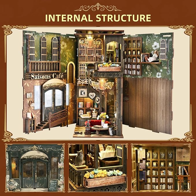 Book Nook Kit, DIY Miniature Dollhouse Book Nook Kit with Dust Cover and LED Light for Teens and Adults (Saisons Café)