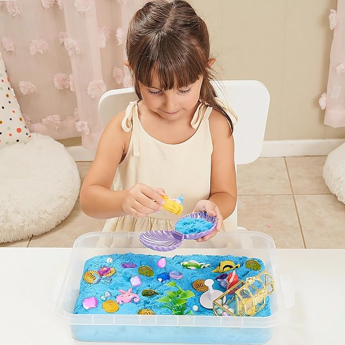 Premium 38 PCS Mermaid Sensory Sand Bin with 2 lb Magic Sand,Seashell Stamp, Sensory Bin & Treasure Accessories – Perfect for Creative Play and Learning, Ideal Gift