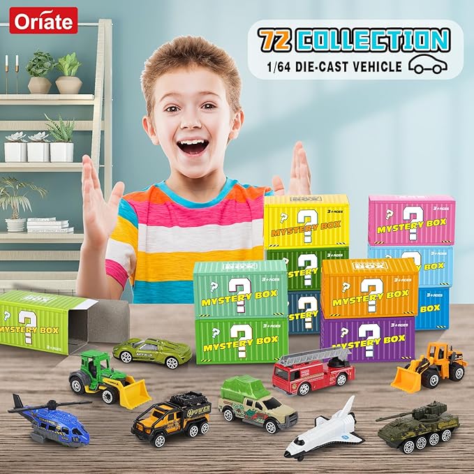 Oriate Diecast Toy Cars Set for 3 4 5 6 7 8 Year Old Boys, 12 Pack Mini Metal Cars 1/64, 12 Theme in one Set Blind Box Edition- Include Farm, Space Ship, Truck for Children Birthday Party Decor Gifts