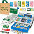 Calculator Cash Register Toy Gift for Kids Age 3, 4, 5, 6, 7, 8+ Year Old, 120 Pcs Grocery Store Playset with Toy Cash, Grocery BoxesCredit Card, Microphone, Grey Play Cash Register for Toddlers 4-8