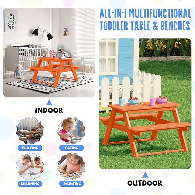 Costaelm Kids Picnic Table, HDPE All Weather Outdoor Toddler Picnic Table and Chair Set Kids Bench for Patio, Backyard, Garden, Lawn, Orange
