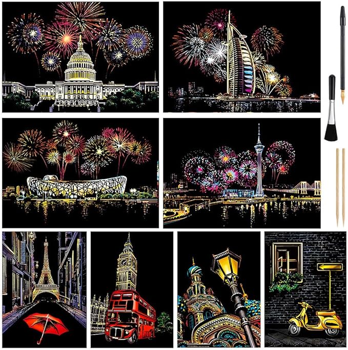 Scratch Art for Kids & Adult, Rainbow Engraving Painting Landscape Scratchboard(A4) Crafts Set: 8 Sheets 4 tools - Congress Building, Burj Al Arab, Eiffel Tower, Big Ben, Moscow(Fireworks / Building)