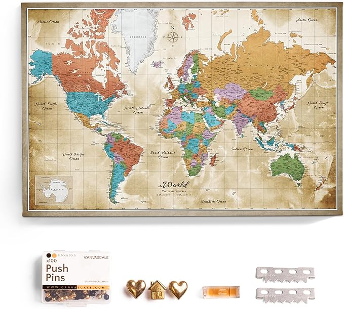 Canvas World Map with Cork Pin Board - English Lettering - Decorative Wall Decoration for All Rooms - Canvas Pictures with World Map Motif (70x50 cm, Pattern 3)