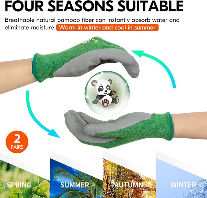 Vgo... 2-Pairs Age 3-5Kids Garden Gloves, Bamboo Fibre Toddler Gardening Gloves, Children Yard Safety Work Gloves,Rubber (Size XXXS, Green, KID-RB6026)