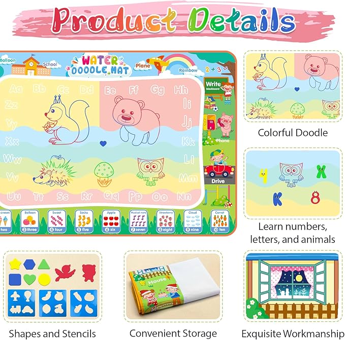 Extra Large Water Doodle Mat 60 x 40 Inches Kids Water Painting Doodle Drawing Mat Toy Writing Free Coloring Magic Educational Toys for Boys Girls Age 3 4 5 6 7 8 Year Old Christmas Birthday Present