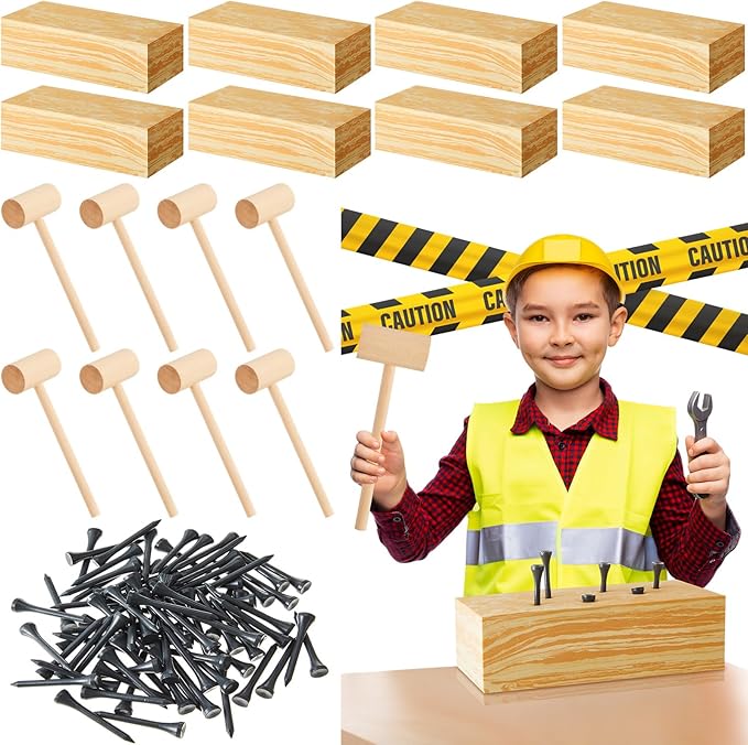 Realspring 8 Set Wooden Hammer Tool Set Kids Carpentry Woodworking Toys 8+ Year Old Hammering Pounding Toy Workbench for Construction Birthday Party Supplies Play Educational Gift Boys and Girls
