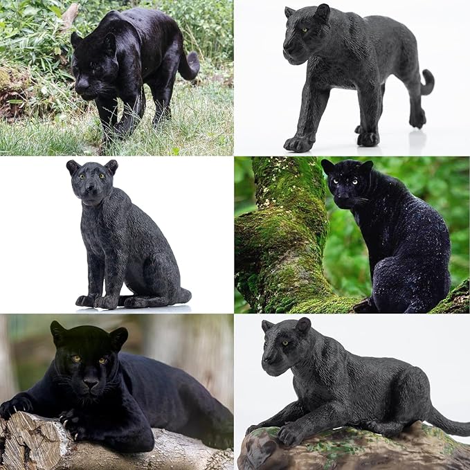 Toymany 7PCS Black Panthers Figurines with Panther Cub and Tree Trunk, Realistic Jungle Animals Figures Family Playset, Educational Toy Cake Toppers