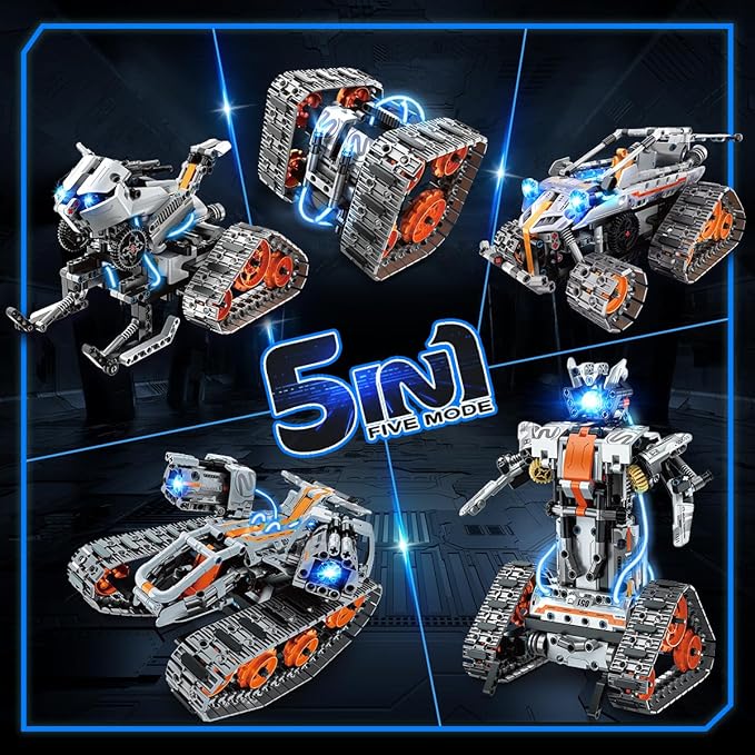 5-in-1 Building Toys with LED Light, APP & Remote Control Building Block Set, 604 PCS RC Tech Rechargeable Tank Robot Sleigh Tracked Racer Toy, Gift for Kids Boys Girls Ages 6 7 8 9 10 11 12+