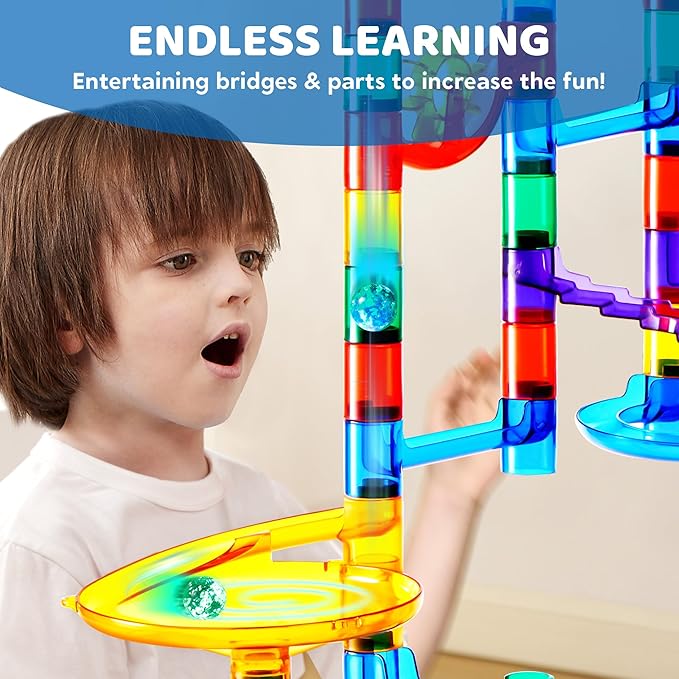 JOYIN 207Pcs Glowing Marble Run, Construction Building Blocks Toys with 5 Glow in The Dark, STEM Toy for Boys and Girls, Educational Toy, Gift for Christmas(147 Plastic Pieces + 60 Glass Marbles)