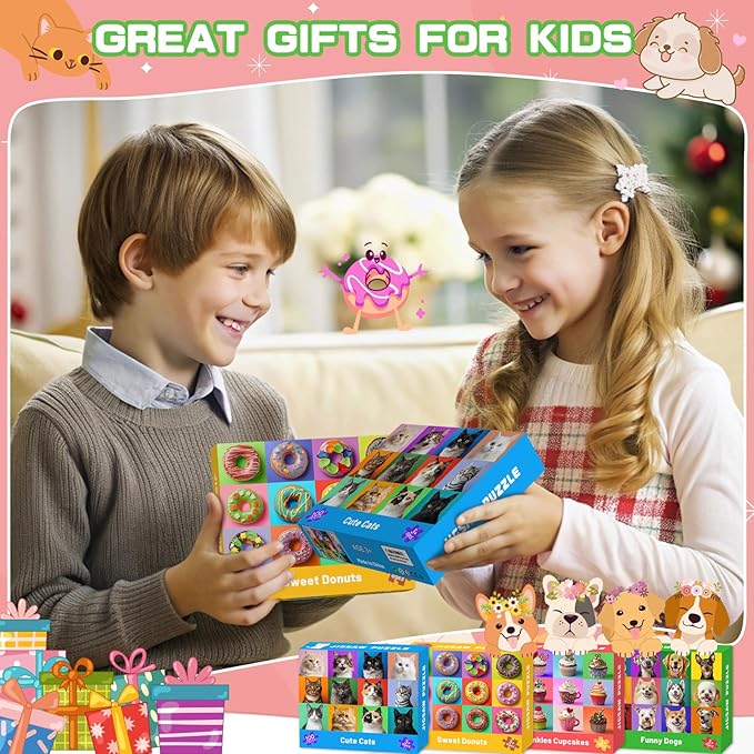 4 Packs 100 Piece Puzzles for Kids Ages 4-6 6-8 8-10, Dogs Cats Cupcakes Donuts Educational Jigsaw Puzzles, Kids Puzzles 4-6 Gifts for Girls Boys