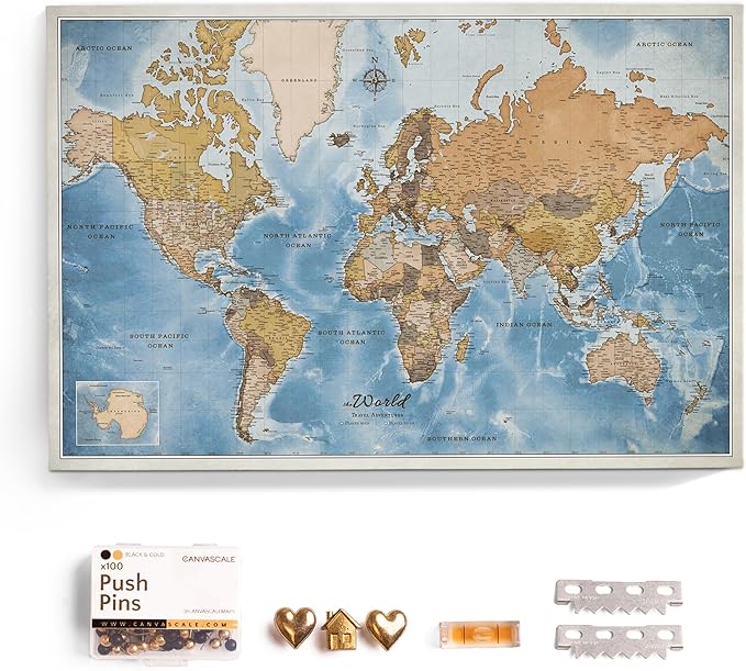 Canvas World Map with Cork Pin Board - English Lettering - Decorative Wall Decoration for All Rooms - Canvas Pictures with World Map Motif (150x100 cm, Pattern 15)