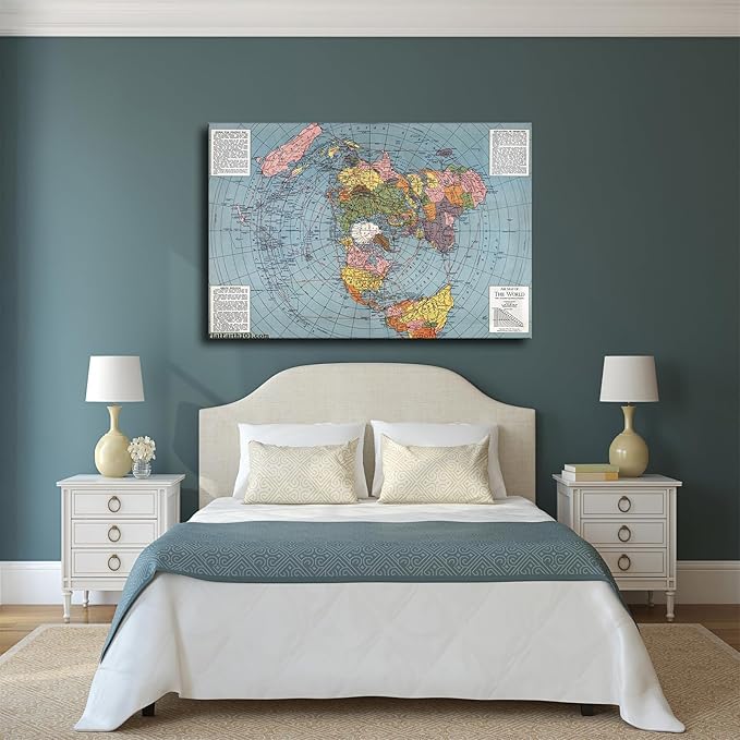 Flat Earth Map of The World Model - 1943 Polar Azimuthal Equidistant Projection Map Art Poster Room Aesthetic Wall Art Canvas Decoration Home Decor Gifts (12×18inch Framed)