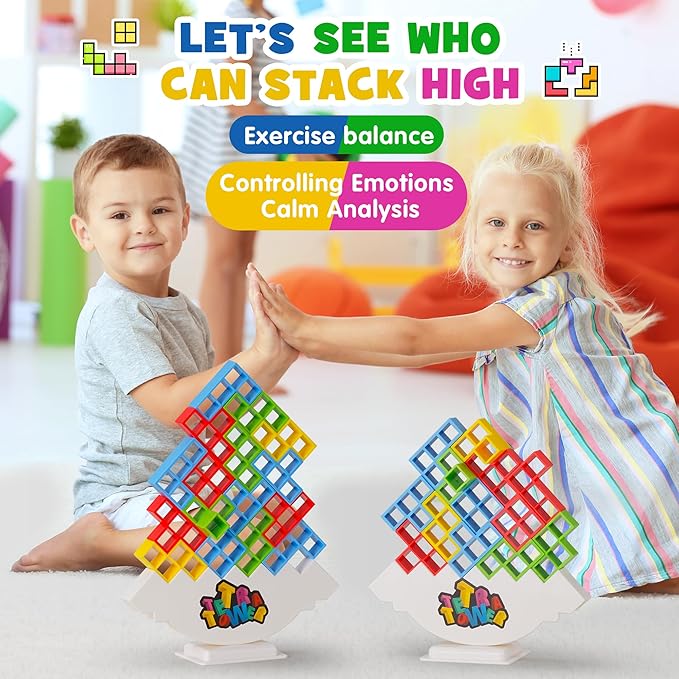 WOWNOVA 32PCS Tetra Tower Stacking Building Balance Block Game Toys for Kids, Adults & Family Game Night, Balancing Blocks Board Games Stacking Fun Toy for Children, Teens, Adults, Friends, Parties