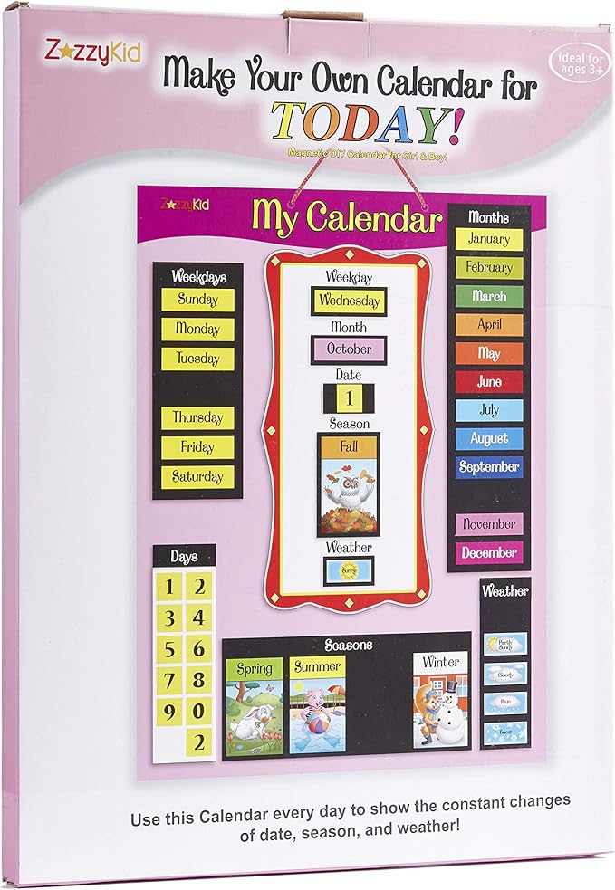 ZazzyKid Magnetic Calendar & Weather Chart for Kids - Preschool Daily Calendar Learning for Days of the Week, Months, Weather & Season Pink