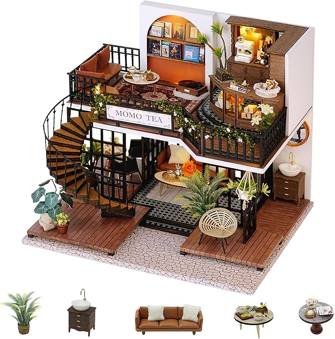 Flever Dollhouse Miniature DIY House Kit Creative Room with Furniture for Romantic Artwork Gift (Forest Teashop)