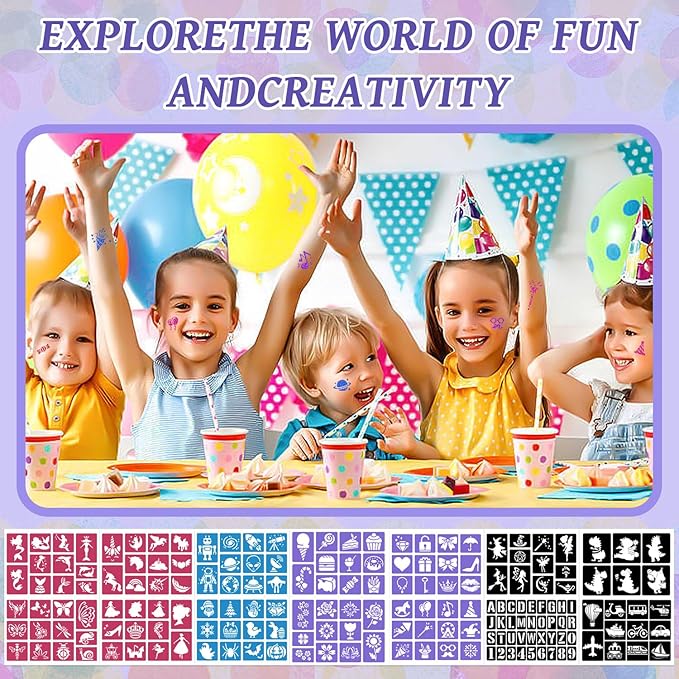 Temporary Glitter Tattoos Kids,50 Glitter Colors and 6 Fluorescent Colors,178 Stencils,2 diamond stickers,3 Glue,5 Brushes,Adults and Kids Arts Glitter Kit,Wonderful Holiday Gifts for Girls & Boys.