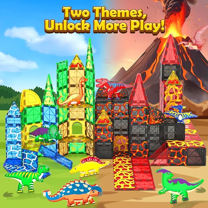 102PCS Dinosaur Toys Magnetic Tiles with 8 Dinosaurs for Kids 3-5 5-7, Jurassic Scenes Dinosaur World Set, Magnetic Blocks Kids Sensory Toys for Boys & Girls Ages 3+, Classroom Must Haves