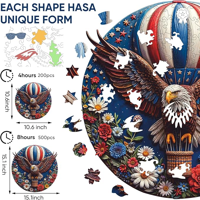 Wooden Puzzles, Flower Eagle Jigsaw Puzzles 200 Piece, Medium, Unique Shape Animal Adult Puzzles, Irregular Best Gift for Adults and Kids Family Game (10.6x10.6 in)