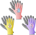COOLJOB 3 Pairs Kids Gardening Gloves for Age 6-8, Children Toddler Girls Grippy Rubber Coated Work Gloves, Purple & Pink & Yellow (Little Beauty, Medium M)