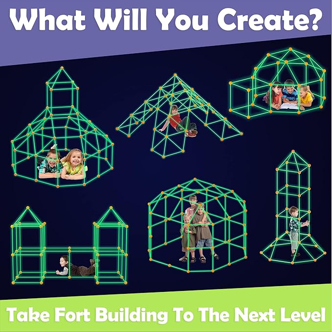 Tiny Land Glow Fort Building Kit for Kids Creative Fort Indoor & Outdoor Construction Toys with 86 Rods and 44 Balls for 5-12 Year Old Boys & Girls STEM Building Toy Gifts with Storage Bag