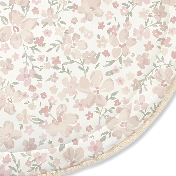 MakeMake Organics Organic Play Mat GOTS Certified Organic Cotton Nursery Floor Rug Washable Reversible Non Toxic Activity Mat Tummy Time Crawling Pad Thick Quilted (Round 48", Blossom)