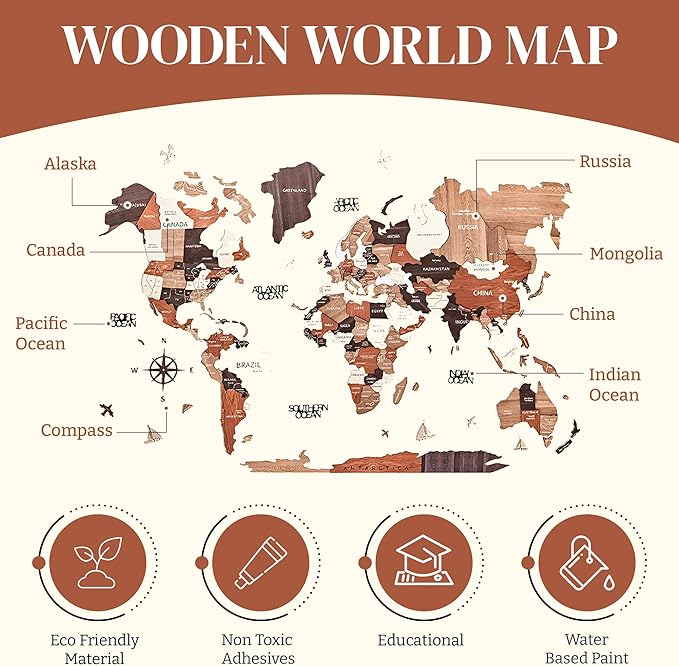 KPSKE 3D Wooden World Map for Wall - Wall Accent Map with Ocean Names, Boats, Compass and More - Wood Travel Map with 50 Pins (Natural)