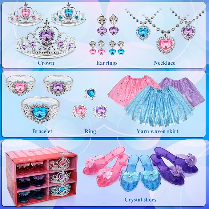 Princess Dress Up for Girls - Toddlers Clothes with Skirts, Shoes, Crown & Play Jewelry, Princess Costume Toys for Girls Age 3,4,5,6 Year Old, Kids Shoes Role Play Gift Idea for Birthday Christmas