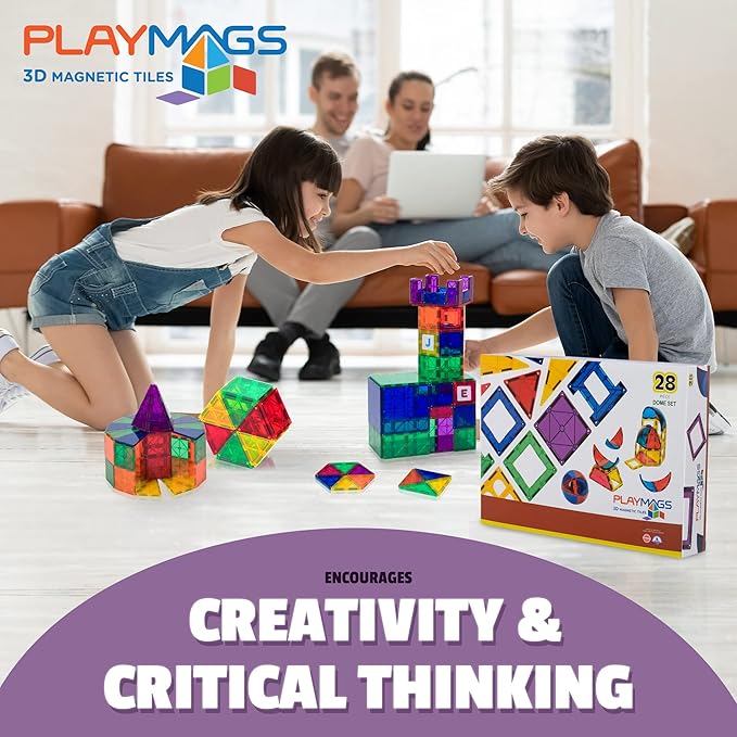 Playmags 28 Piece Magnetic Tiles Dome Set - Now with Stronger Magnets, STEM Toys for Kids, Sturdy, Super Durable with Vivid Clear Color Tiles