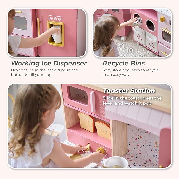 Teamson Little Chef Savannah Wooden Montessori Pretend Play Kitchen for Toddlers Kids Ages 3+ Modular Three-Piece Set with Sink Cart Stove & Fridge for Boys and Girls Playset – Pink