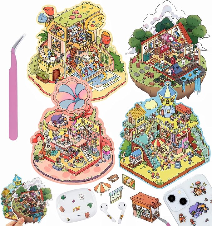 DIY 3D House Stickers, 4 Sets Fun DIY Stickers Scene Make Your Own Mini House Cute Cartoon Animal Scene Stickers for Kids Adult Sticker Art Relief Stress Pass The Time