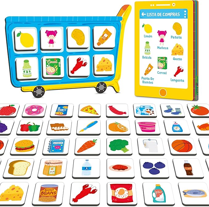 Magnetic Shopping List Game, Funny Spanish Groceries Matching Memory Game, Race to Collect Your Items Educational Toy for Boys & Girls at Home