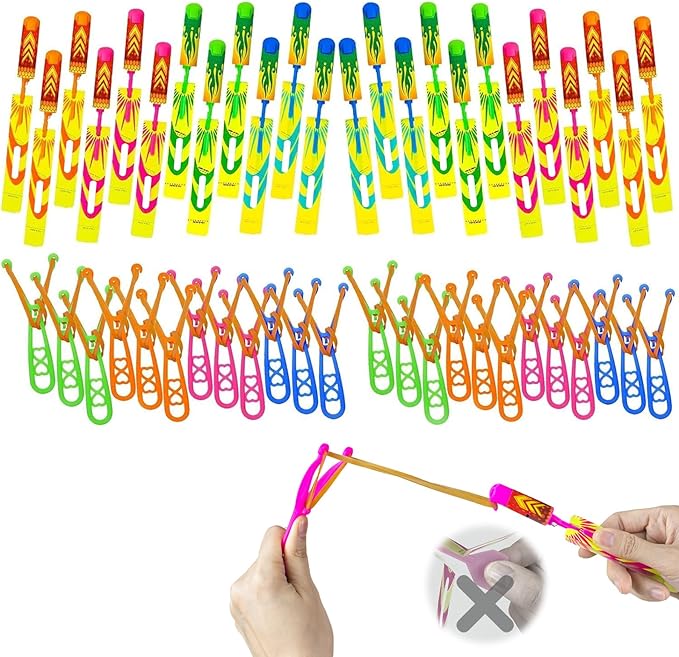 50 Pcs Slingshot Flying Toys with Led Lights,25 Pcs LED Arrow Helicopters + 25 Pcs Launchers,Summer Outdoor Game Glow in The Dark Party Supplies Party Favors for Kids 4-8,8-12 Bulk Toys