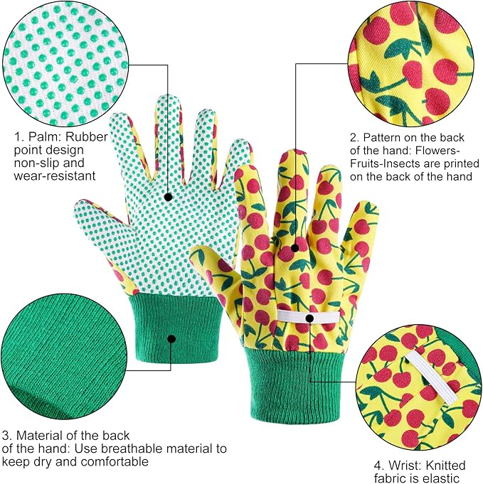OSDUE Kids Gardening Gloves, 3 Pairs Medium, Age 6-9, Polyester Material, Floral Pattern, Suitable for Indoor and Outdoor Activities, Protective and Comfortable