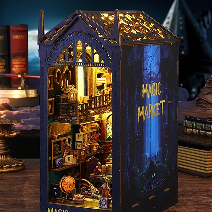 ISSEVE DIY Book Nook Miniature Kits for Adults, 3D Wooden Puzzle Dollhouse Miniature House Kit for Booknook Shelf Insert Decor, Creative Assembled Bookends Bookshelf with Sensor Light (Magic Market)