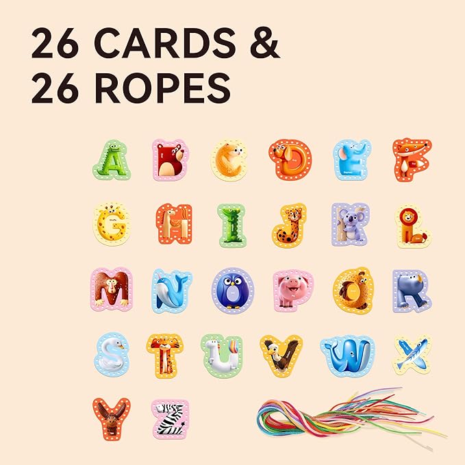 Dotimo Lacing Cards - 26PCS Double - Sided Uppercase Sewing Cards, 26 Animal Alphabet Games, for Kids Ages 3-5, Preschool Learning & Quiet Time Activities