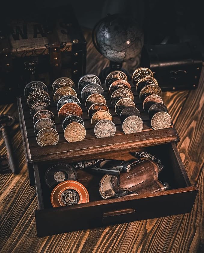 Large Wooden Challenge Coin Display Case with Clear Cover - Military Coin Display Case Holds 36 Coins on Top & 36 in The Storage Drawer - Versatile Coin Stand Holder & Poker Chip Display Case - Brown