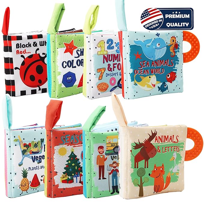 Baby Books Toys Gifts, Touch and Feel Cloth Crinkle Books for Babies,Infant Toddler Baby 0-3-6-12-18 Months,Early Learning Toys 6 to 12 Months 1-2 Years Old, Easter Shower Gift for Boys Girls,8 PCS
