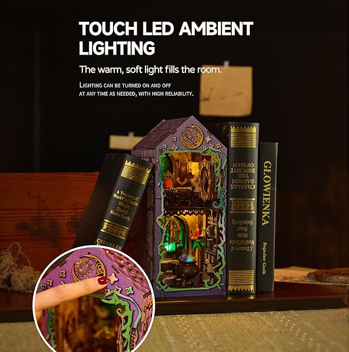 [2025 New] Mystic Theurge's Book Nook Kit with Dust Cover & LED Light, DIY Miniature House Kit Toy, 3D Wooden Puzzle Bookshelf Decor Building Kit, Birthday Gifts for Family & Friends