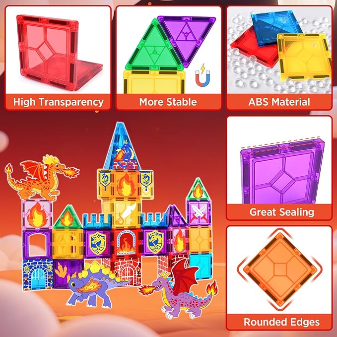 Dragon Toys, Magnetic Tiles 3D Building Toys, Creative Dinosaur Magnetic Construction Set with Inspirational, Recreational, Educational, 53 Piece