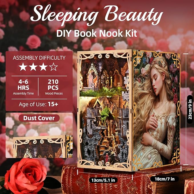 Book Nook Kit - DIY Doll House Booknook, Book Nook Miniature Kit for Bookshelf Doll Houses for Adults Teen Halloween, 3D Wooden Puzzle Bookends with Led Light and Dust Cover (Sleeping Beauty)