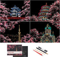 Scratch Painting Rainbow Paper by BOTEEN, Scratch &Sketch DIY Art Craft City Series Night View Creative Gift, Scratchboard for Adults and Kids ,Craft Kits with 4 Tools (A4- 4pack）