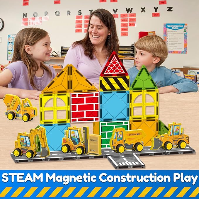 Oriate Rolling Construction Toys for Magnetic Tiles, 5pcs Construction Vehicle Toys Compatible with Magnet Tiles, Kids Trucks for Magnetic Building Blocks Magnetic Tiles, Educational Gift Boys Girls