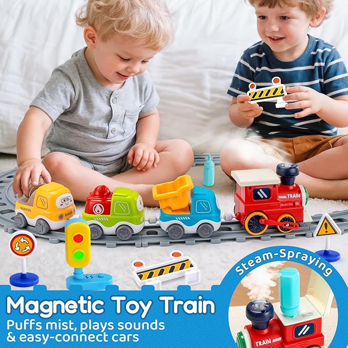 ALASOU Electric Train Set for Toddlers Kids with Steam Spray|Light & Music Magnetic Car Toy with Tracks,Playmat/Storage Bag|Christmas Birthday Gift for 3 4 5 6 Year Old Boys Girls